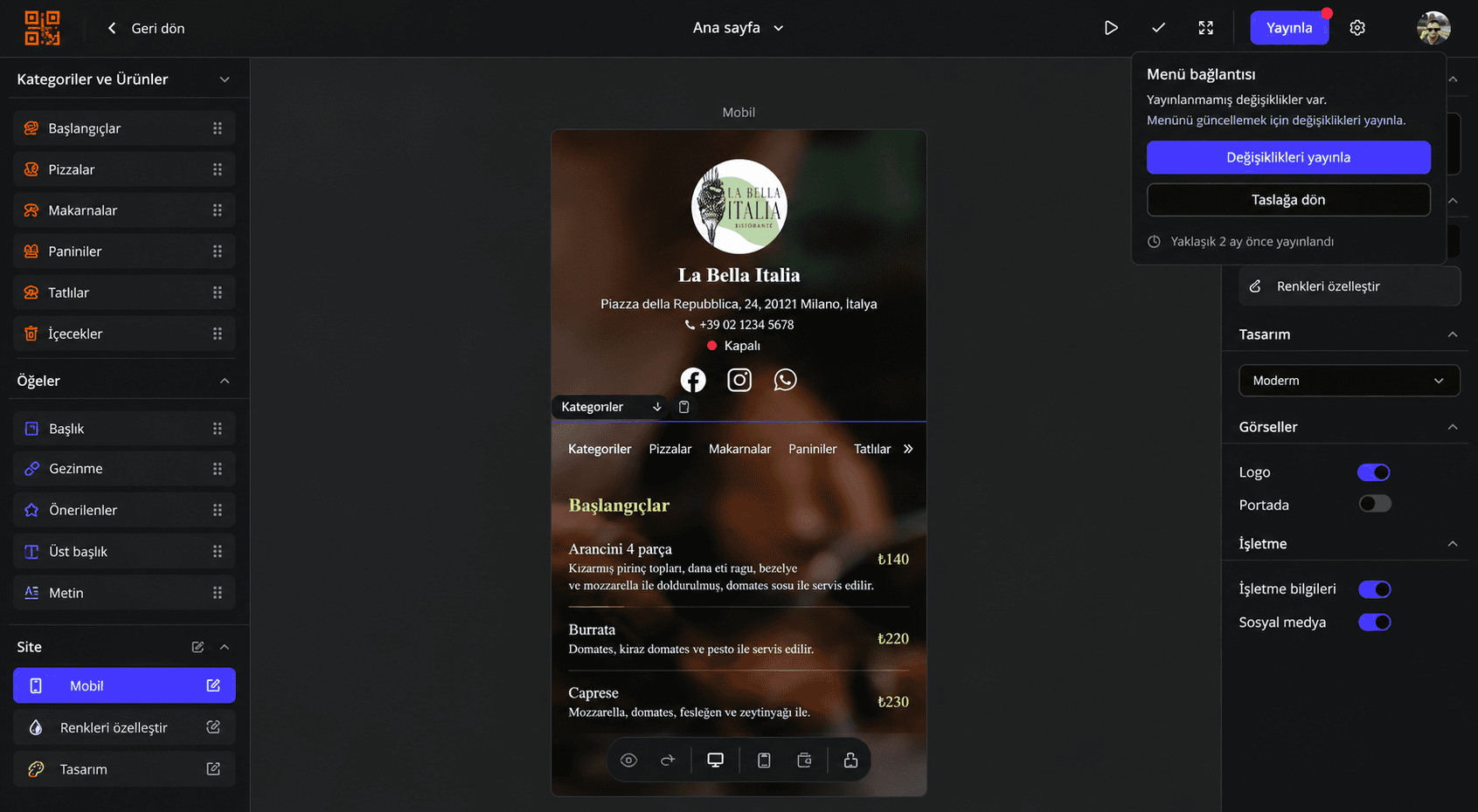 Imagen del editor de menús en web